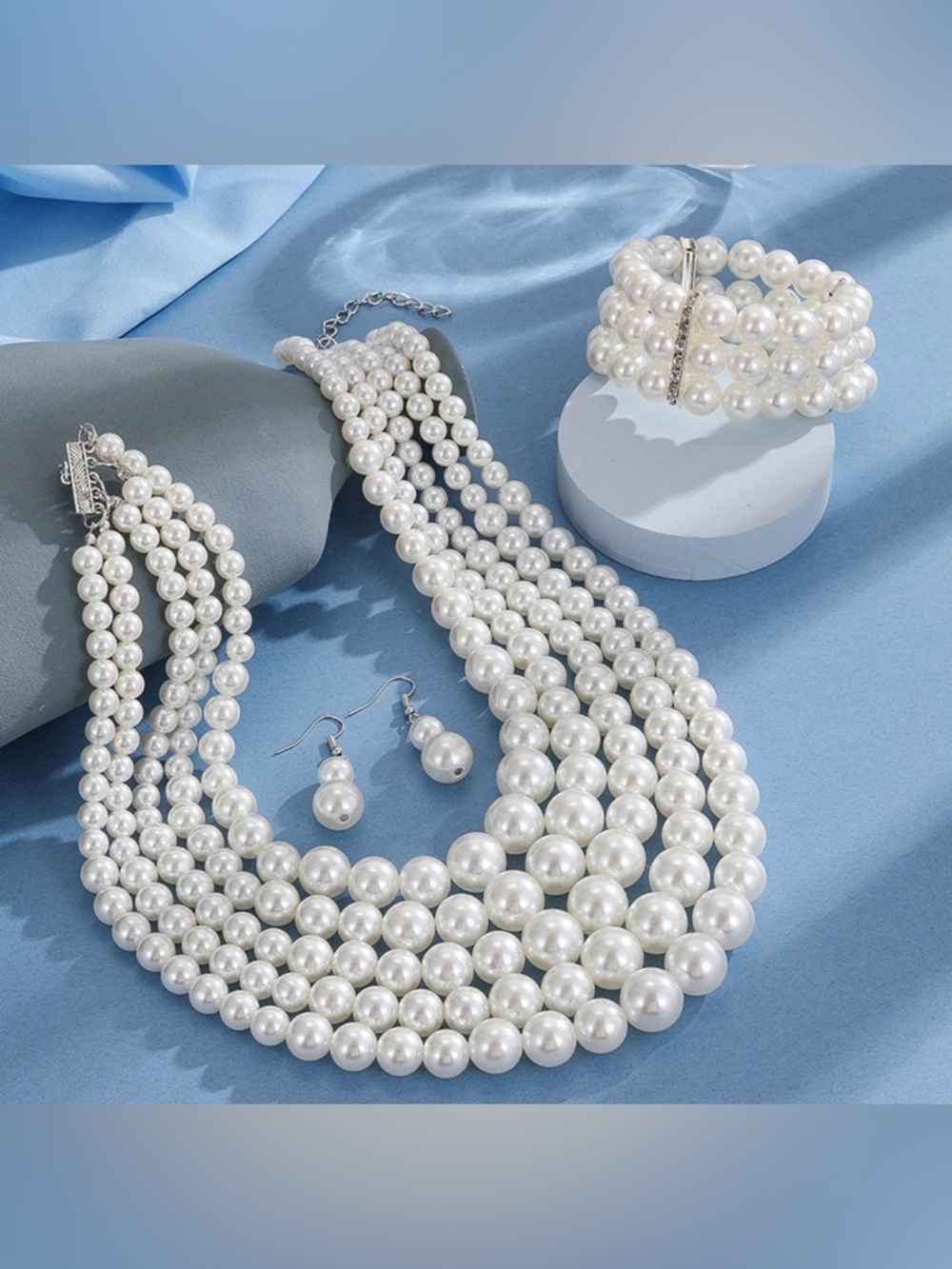 Elegant White Pearl Multi-Strand Necklace, Bracelet & Earring Set